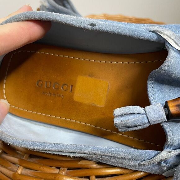 Gucci Moccasin Suede Driver Loafer Flats Slip On Light Blue Bamboo Tassel 7‎ - Picture 7 of 9